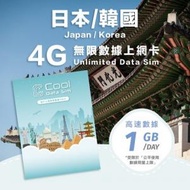 Cool Data Sim - 日本 韓國 4G Sim card 上網卡 - 每日高速數據 【1GB】 後降速至 128kbps【1天】