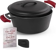 Cast Iron Dutch Oven - 7-Quart Deep Pot + Lid + Pan Scraper + Handle Covers - Large Pre-Seasoned Cooker for Baking Bread, Soup, Frying - Indoor/Outdoor Kitchen, Camping, Fire, BBQ Safe Cookware