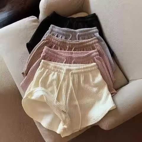 New Summer Waffle Shorts for Women, High Waist Plus Size Loose Casual Pants, Internet Famous Sports 
