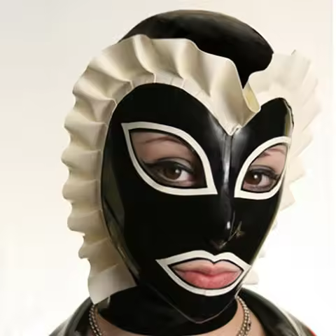 Black Latex Hood with White Trim Fold Latex Adult Fetish Headgear Maid Cosplay Hood Mask Back Zipper