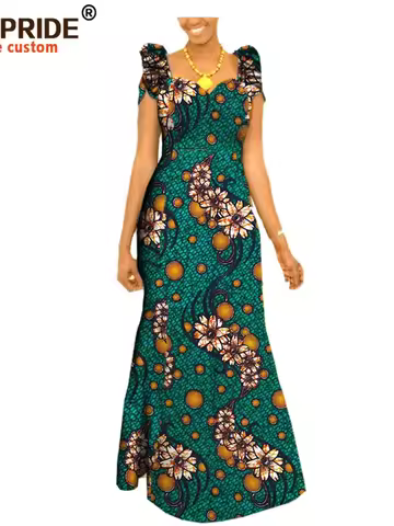 Autumn African Clothing Long Maxi Dresses for Women Short Sleeve Ankara Fabric Dashi Print Dress Plu