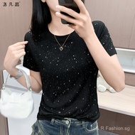 Heavy Industry Shiny Rhinestone Short SleeveTT-shirt Women's Summer New Women's Slim-Fit Slimming Sh