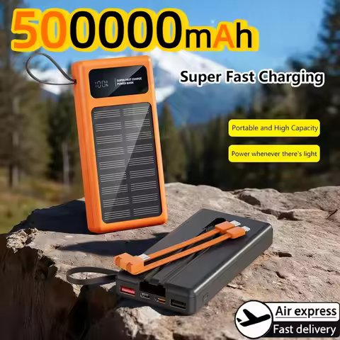 2026 New 500000mAh Solar PowerBank 120W Fast Charging Built-in 2 Cable PowerBank High Capacity Batte