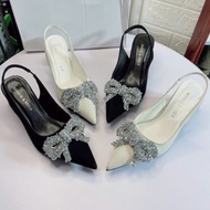 GENUINE EDITION 5 Inch Pointed Toe High Heels with Rhinestone Bows Rhinestone Heels