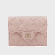 CHANEL 金色CC Logo 牛皮雙層翻蓋卡片夾/零錢包 (淡粉色)