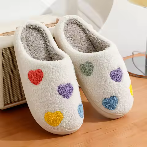 Cute Color Heart Women Slippers Valentine's Day Embroidery Fuzzy Romantic Love Comfy Flat Girl Frien
