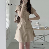 Khaki Collar Dress lovito Size L