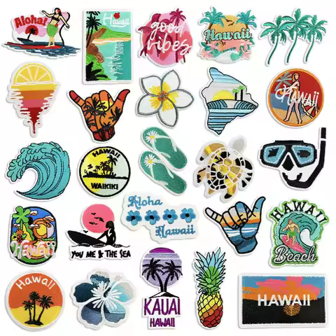 Cartoon Flower Turtle Embroidery Patches Holiday Beach Surfing Girl Clothing Decoration Patch DIY Re