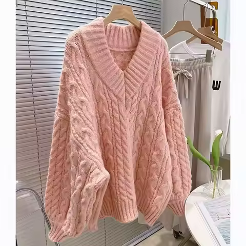 Women's V-Neck Thickened Twisted Sweater Loose Outerwear Lazy Style Design Warm Knitted Top Autumn W