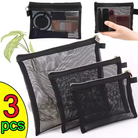 3pcs Mesh Clear Cosmetic Bags S/M/L Size Black Makeup Bag Portable Outdoors Travel Organizer Case Li