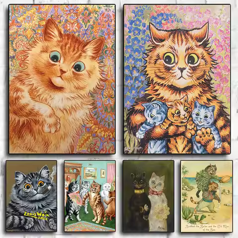 Famous Louis Wain Cat Portrait Vintage Poster Canvas Painting The Cat Gathering Cute Kitty Giclee Fi