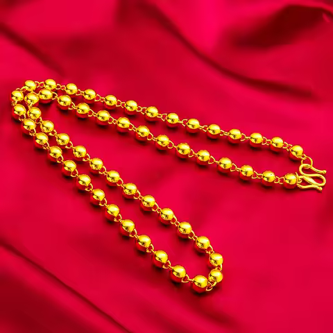 8mm Shiny Buddhist Bead Necklace (60cm) for Men (24K AU999) - Double-Lined Bead Outline, Shiny-Matte