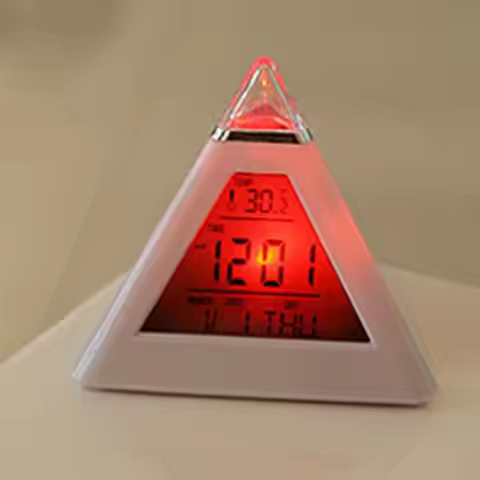 Digital LED Alarm Clock 7 Colors Changing Night Light Time Temperature Display Pyramid Shape Desk Cl