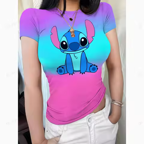 Women's Disney Lilo and Stitch 3D Printed T-shirt Tight Short Sleeve T-shirt Top Fashion Women's Bea