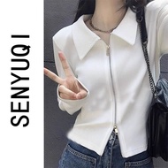 Áo Thun Tay Dài Cổ Polo Màu Trắng Cho Nữ Mùa Xuân Mới Thiết Kế Khóa Kéo Ngắn Tay Áo Sơ Mi Cổ Polo Mà