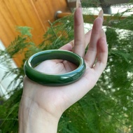 Xinjiang Hetian Jade Bangle for Women, Flat Wide Spinach Green Jadeite Ice Bottom Genuine Jade Brace