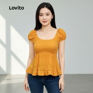 Lovito Blaus Boho Polos Ruffle Labuh Musim Panas dan Bunga Untuk Wanita L132ED655