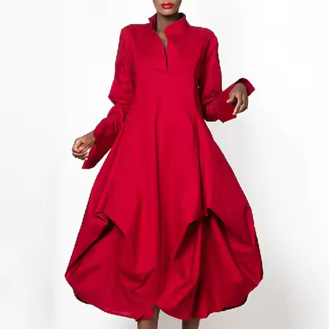 UOOZEE 2025 New Spring Women Elegant Red Party Evening Midi Dresses Long Sleeves Loose Solid Color S