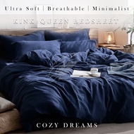 900TC Cozy Dark Blue Bedsheet Soft Breathable Softened Cotton Minimal Style