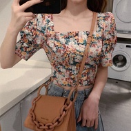 Fashion Summer Puff Sleeve Shirt Women Square Neck Halter Back Floral Top
