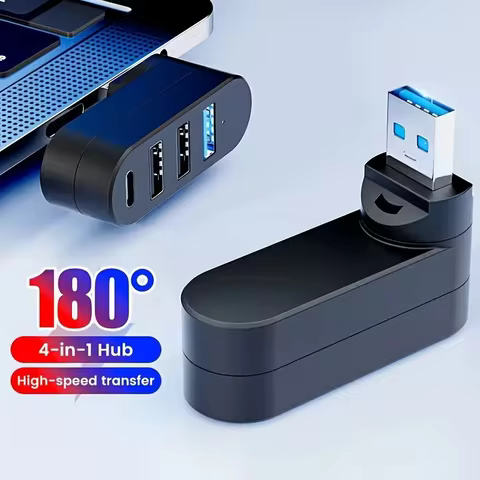4-Port USB 3.0 Hub [90°, 180° Rotatable], USB Splitter, 3 USB Ports and 1 USB C Power/Data Port, USB