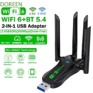 DOREEN Dual Band WiFi6 USB Adapter, AX900 Bluetooth 5.4 900Mbps WiFi Dongle, Plug Play 4 Antenna USB