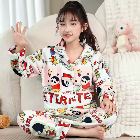 2Pcs Cartoon Crayon Shin-Chan Children Plush Pajamas Set Anime Autumn Winter New Girl Boys Loungewea