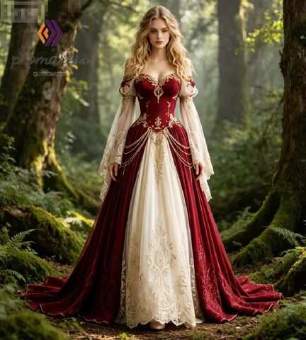 Enchanted Forest Red Velvet Medieval Wedding Dress 2026 Off Shoulder Victorian Celestial Whimsigoth