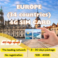 EUROPE (34 countries) Travel Sim Card 3 - 30 days 4G Mobile Data