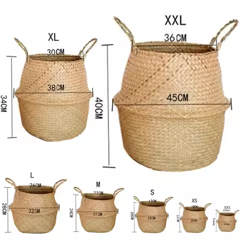 Seagrass Rattan Basket Foldable Wicker Organizer Handmade Plant Pot Laundry Bin Decorative Boho Styl