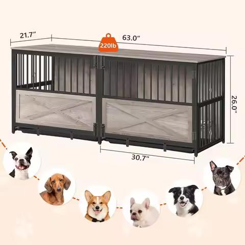 Large Dog Crate Furniture for 2 Dogs, 63.0" Dog Kennel Indoor with Divider for Small Medium Dogs, Wo