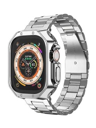 適用於Apple Watch Ultra Se 8 7 6 5 4 3 2 1 系列 38mm/41mm/42mm/44mm/45mm/49mm的錶帶、錶扣、錶殼，不分男女適用，可替換不銹鋼金屬銀鏈錶帶和TPU銀色中空保護殼的拆卸式Apple Watch錶帶