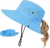 Kids Sun Hat with Ponytail Hole UV Protection Wide Brim Summer Beach Bucket Cap Fishing Hat for Girls Pure Blue