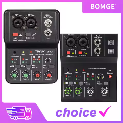 Professional portable TEYUN Q12 Q12M Q26 2 Channels Audio Mixer sound console mini USB card MIXER fo