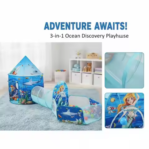 3-in-1 Children Activity Center with Crawl Tunnel Basketball Hoop For Backyard Playroom Living Room,