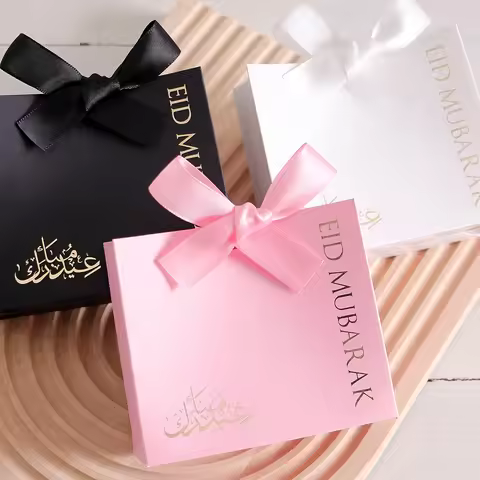 10Luxury Eid Small Gift Boxes, Printed With“Eid Mubarak” Black and White Design, Set of 10 Size: 10.