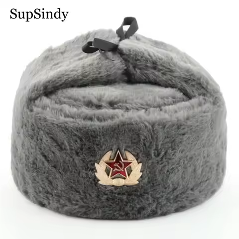 SupSindy Soviet Badge Ushanka Men&Women Bomber Hats CCCP Army Pilot Trapper Trooper Hat Winter Faux 