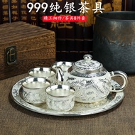 品质 精选Dragon Phoenix 999 sterling silver tea set pure silver wine set 1 tray 1 pot 4 c龙凤999纯银茶具套装足银酒具