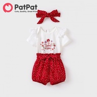 PatPat Baby Girl Letter Print Romper and Polka dots Shorts and Headband Set 1 top and 1 shorts with 