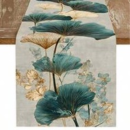 1pc, 2D Flat Printing, Teal Blue And Golden Ginkgo Leaves With Small Flowers, Table Runner For Home 