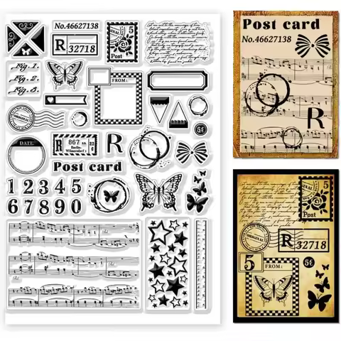 1pc Postage Clear Stamps Variety Patterns Vintage Text Silicone Stamp Butterfly Number Postcard Star