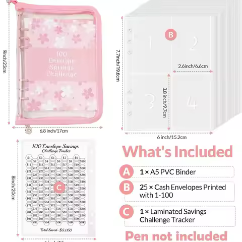 A5 Pink Zip 100 Envelope Savings Challenge Loose-Leaf Binder Budget Binder With Cash Envelopes Money