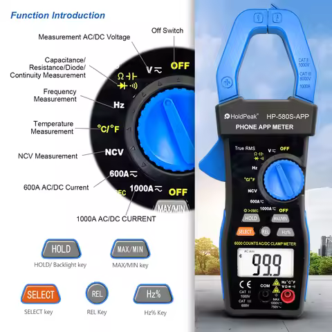 HP-580S-APP Bluetooth Clamp Meter 6000 Counts True RMS AC DC 1000A 1000V with APP Smartphone Control