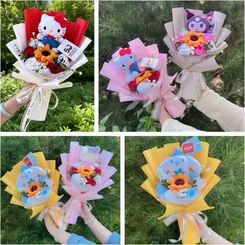 My Melody Kuromi Cinnamoroll Hellokitty Plush Dolls Creative Genuine Sanrio Bouquet Christmas Valent