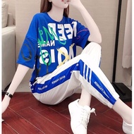 LOMOGI Women Summer Cloth T-shirt+pants 2pcs Set Print Korean Top Short-sleeve Top and Long Toursers Street Styles