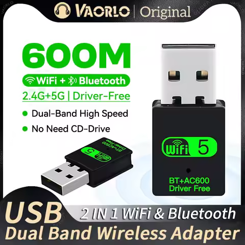2 IN 1 USB WiFi Bluetooth Adapter 600Mbps 2.4G/5GHz Dual Band Wi-Fi 5 Dongle High-Speed Wireless Net