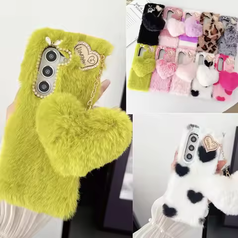 For Samsung Galaxy Z Fold 5 Case Korea Cute Fluffy Plush Love Pendant Phone Case For Galaxy Z Fold6 