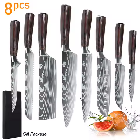 MDHAND 7CR17 8PCS Kitchen Knives Set Stainless Steel Sharp Chef Slicing Meat Cleaver Laser Damascus 