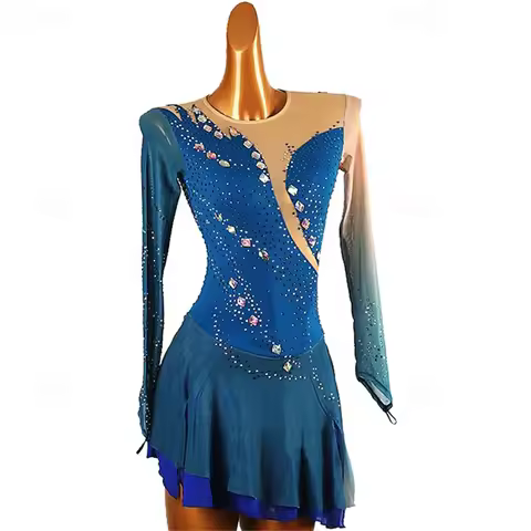 Girls' Ice Skating Dress Blue Patchwork Mesh High Elasticity Training Competition Skating Wear Class