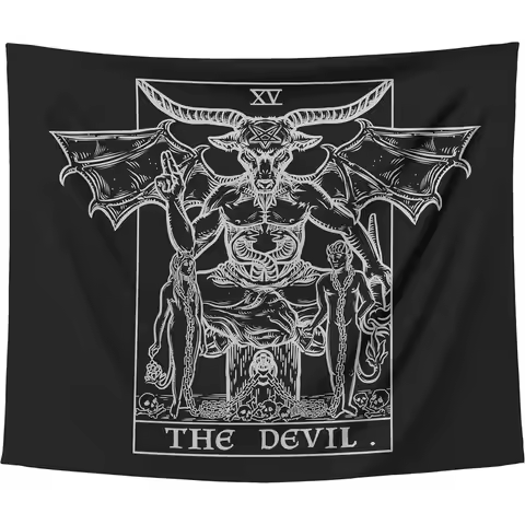 Baphomet Tarot Tapestry: Gothic Witchcraft Wall Art - Black & White Devil Theme (59x51 inches)